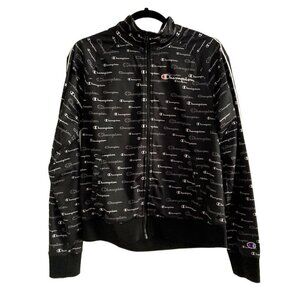 Champion All Over Logo Womens Zip Up Black Track Jacket Medium